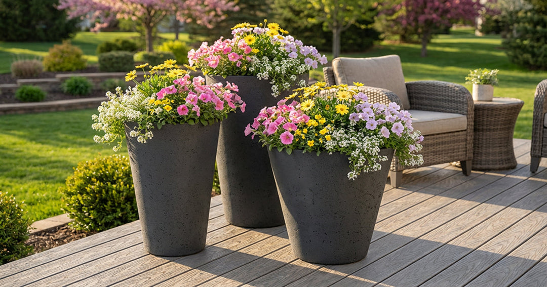 Three black self-watering planters with colorful spring flowers on a backyard deck in warm sunlight