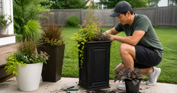 Asian man refreshing late-summer container planters on a backyard patio, trimming and arranging plants in a tall black decorative planter.