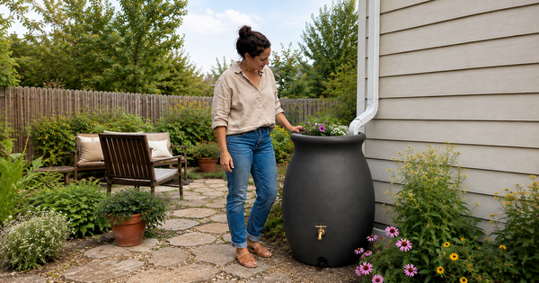 Woman standing beside a dark rain barrel with flowers and a downspout in a lush late-summer backyard garden.