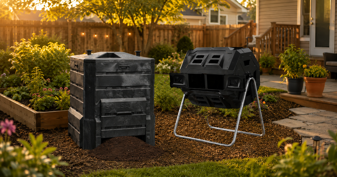 Soil Saver Composter and tumbling composter in a suburban backyard garden at golden hour.