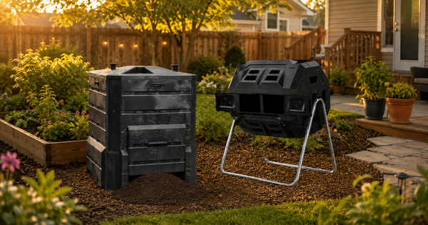 Soil Saver Composter and tumbling composter in a suburban backyard garden at golden hour.