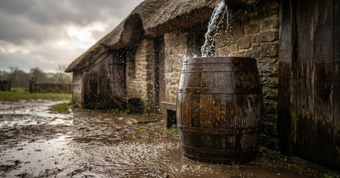Traditional wooden rain barrel collecting water beneath a rural home roofline