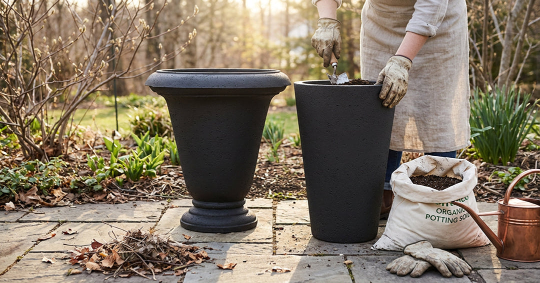 Gardener refreshing soil in two black outdoor planters on a patio during early spring garden cleanup.