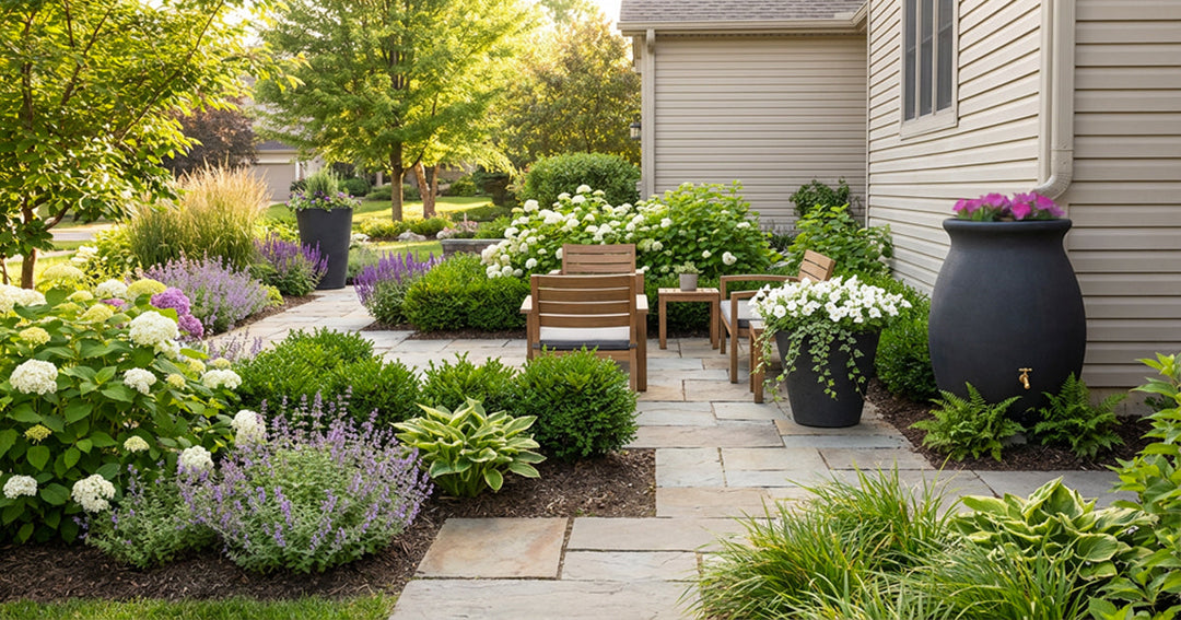 Designed backyard garden with stone patio, layered planting beds, outdoor seating, modern planters, and a rain barrel connected to a downspout