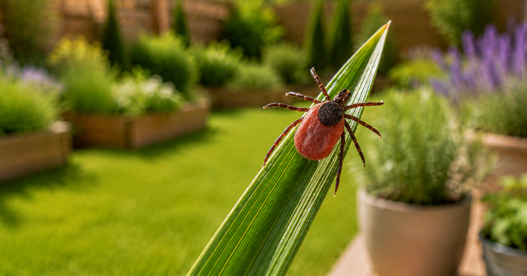 Close-up of a tick on grass in a backyard garden, highlighting tick prevention and less tick-friendly yard design.