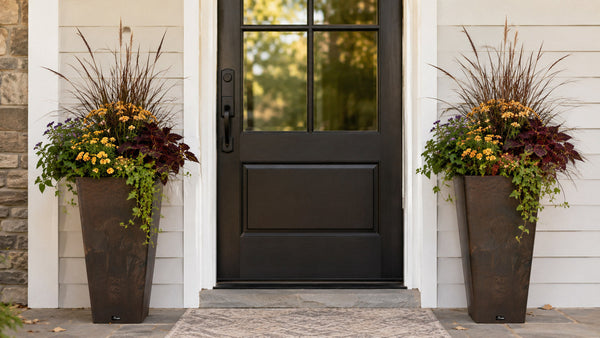 Two tall brown marble planters filled with ornamental grasses, burgundy foliage, trailing greenery, and fall flowers flank a black front door on a residential porch.