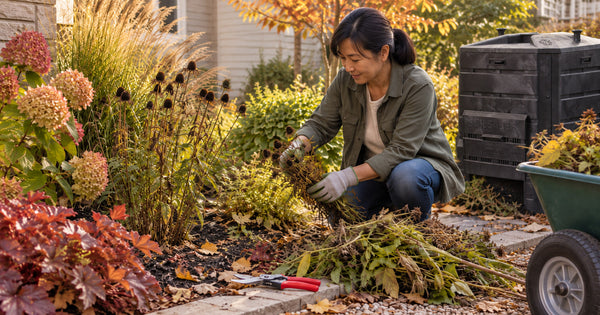 Asian woman doing fall garden cleanup beside an Algreen Soil Saver composter, gathering spent plants and garden trimmings among ornamental grasses and fading perennials.