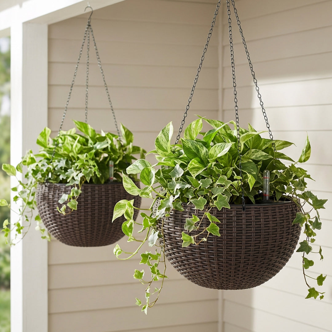 Modena Wicker Self-Watering Hanging Basket Planter, 2-Pack