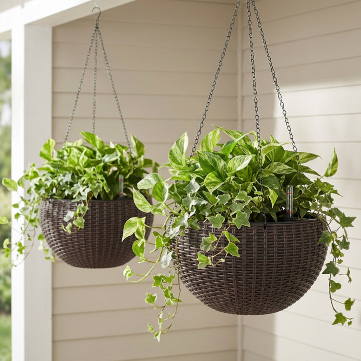 Modena Wicker Self-Watering Hanging Basket Planter, 2-Pack
