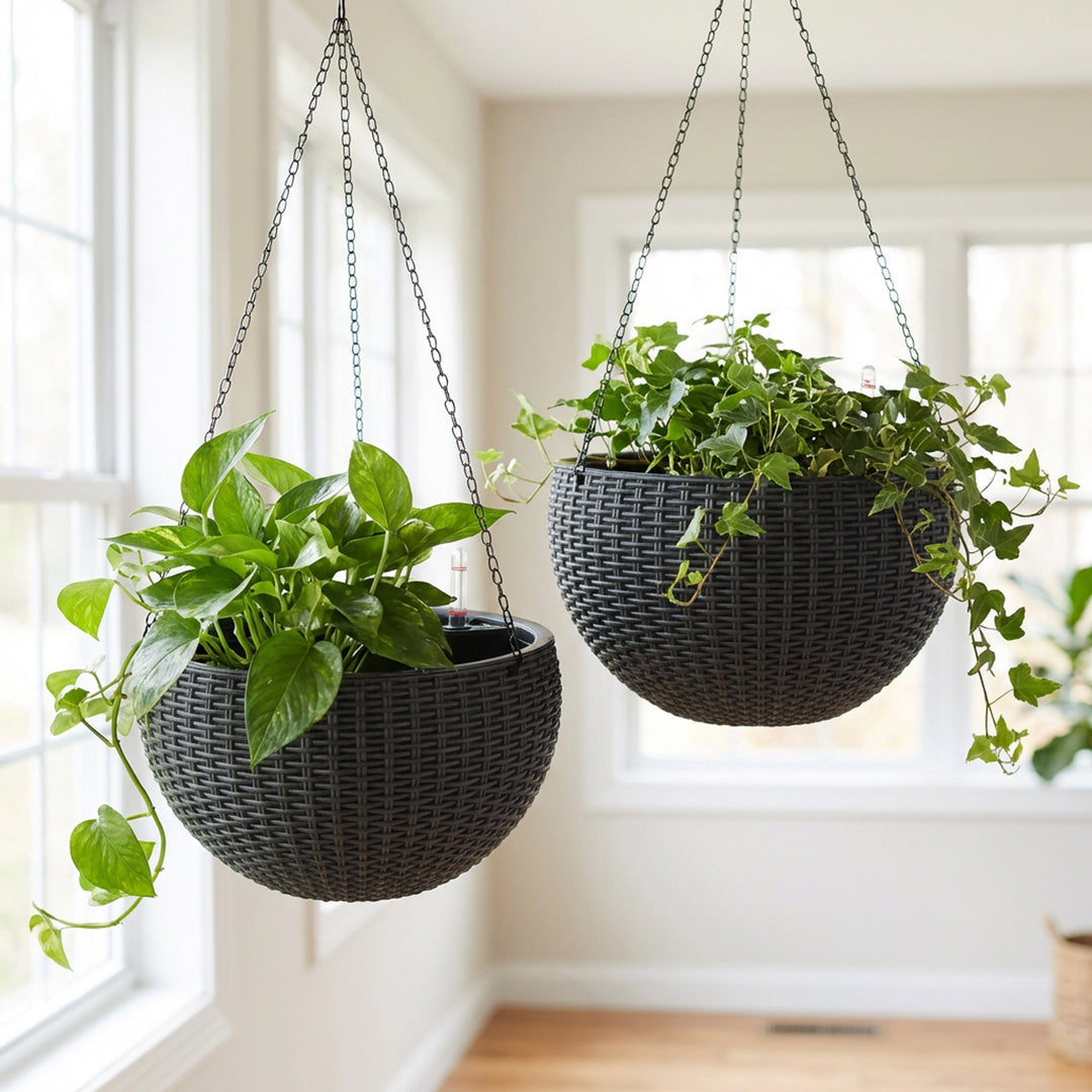 Modena Wicker Self-Watering Hanging Basket Planter, 2-Pack