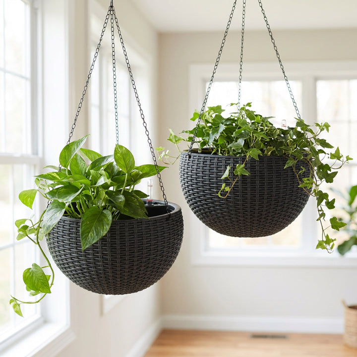 Modena Wicker Self-Watering Hanging Basket Planter, 2-Pack