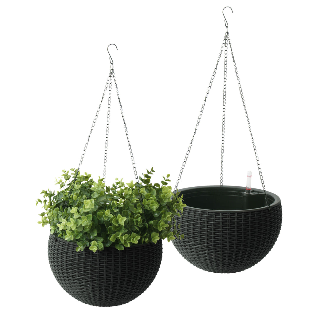 Wicker Hanging Basket Planter with Watering Tray, 2-Pack