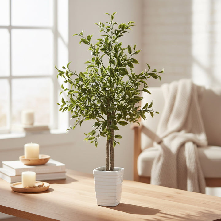 29 inch faux ficus tree in white decorative planter with lifelike leaves