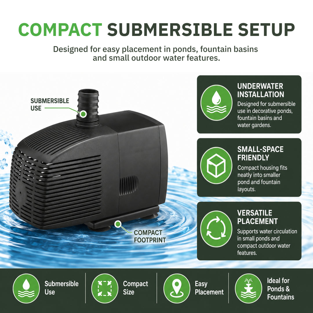 Compact Submersible Pond Pump – Fountain & Water Feature Pump
