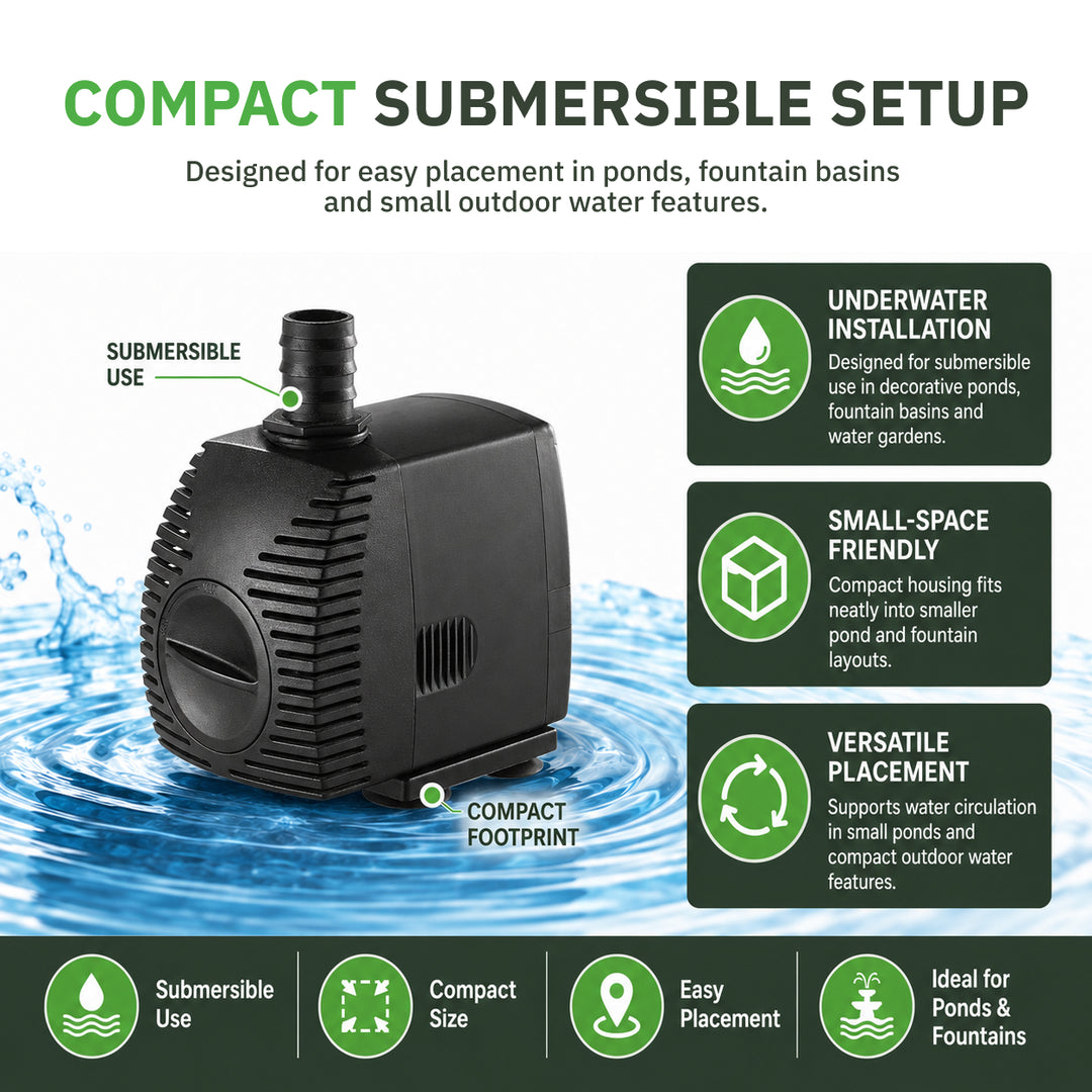 Compact Submersible Pond Pump – Fountain & Water Feature Pump