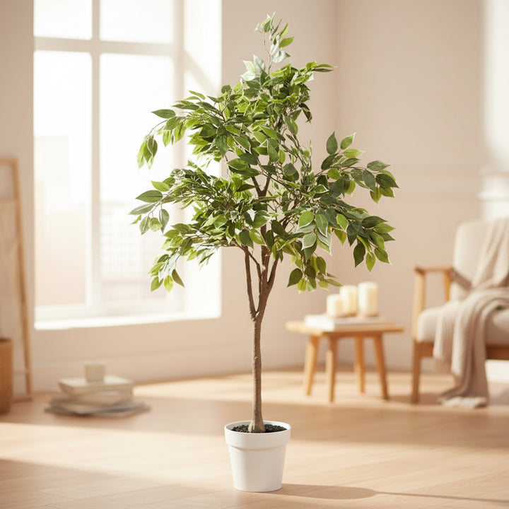 53 inch faux ficus tree in white decorative planter with lifelike leaves and branching