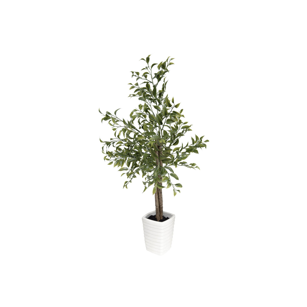 29 inch faux ficus tree in white decorative planter with lifelike leaves