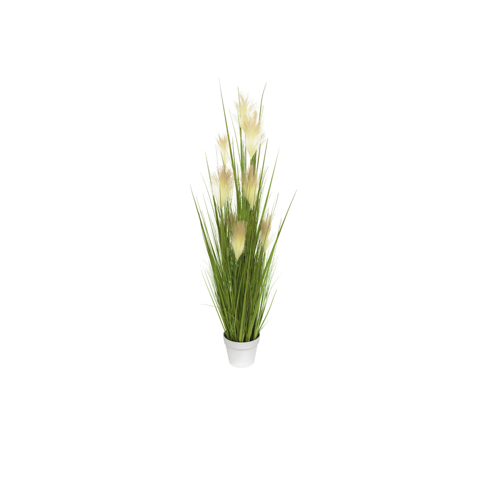 48 inch faux reed grass in white decorative planter with lifelike blades and plumes