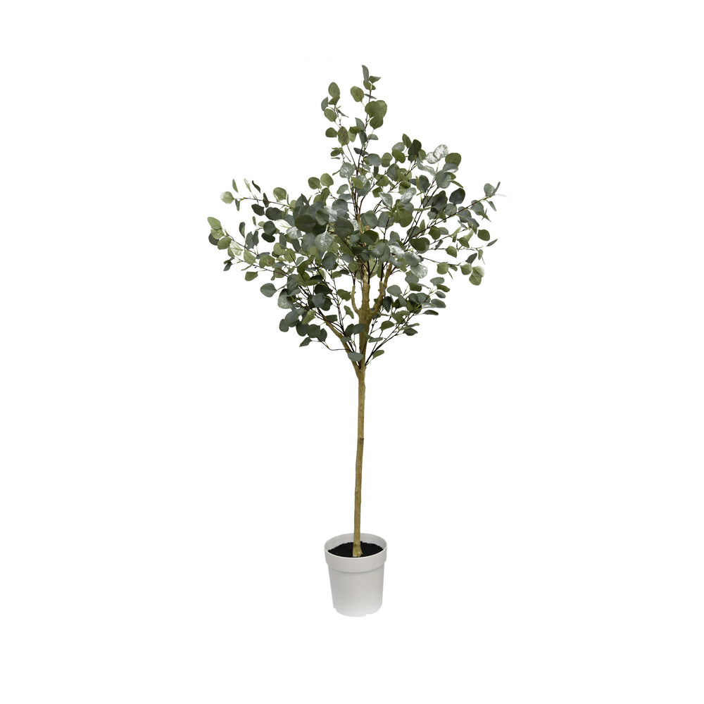 71 inch faux eucalyptus tree in white decorative planter with realistic rounded leaves
