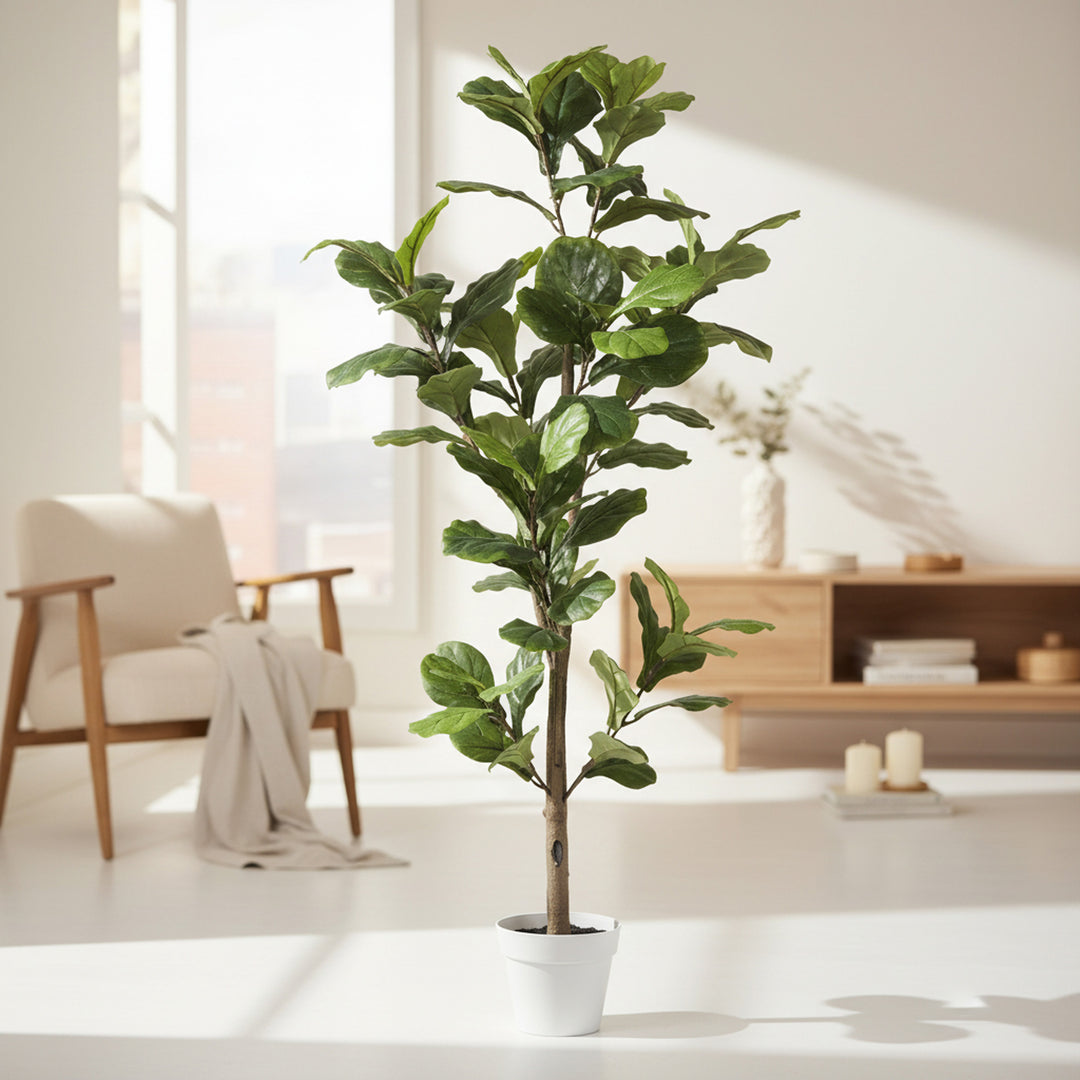 67 inch faux Alpine Ficus tree in white decorative planter with lifelike leaves and branching