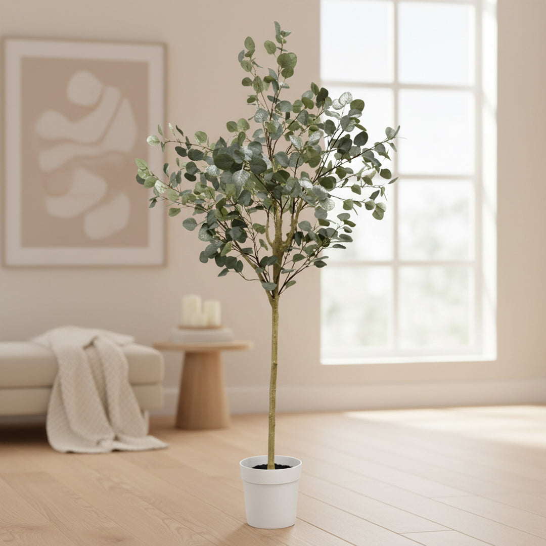 71 inch faux eucalyptus tree in white decorative planter with realistic rounded leaves