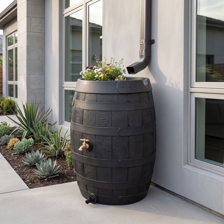 Heritage 50 Gallon Rain Barrel with Handcrafted Wood Detail & Planter Top