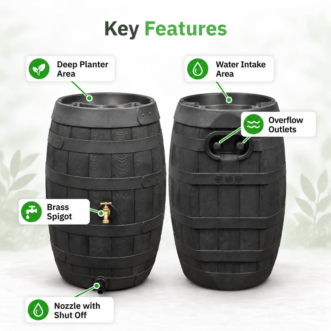 Heritage 50 Gallon Rain Barrel with Handcrafted Wood Detail & Planter Top