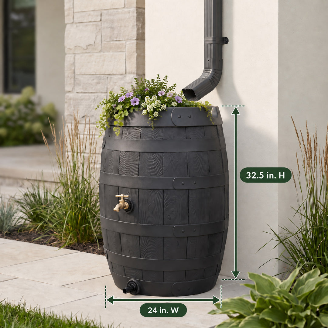 Heritage 50 Gallon Rain Barrel with Handcrafted Wood Detail & Planter Top