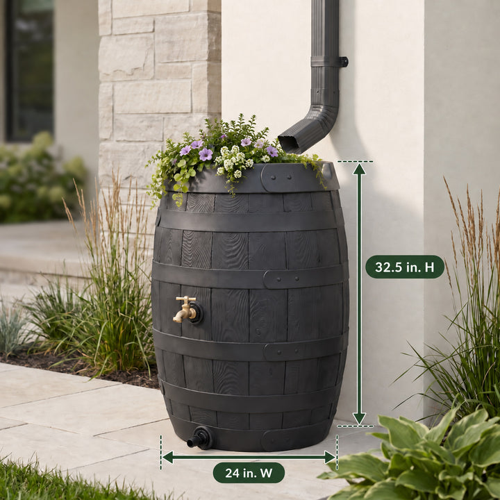 Heritage 50 Gallon Rain Barrel with Handcrafted Wood Detail & Planter Top