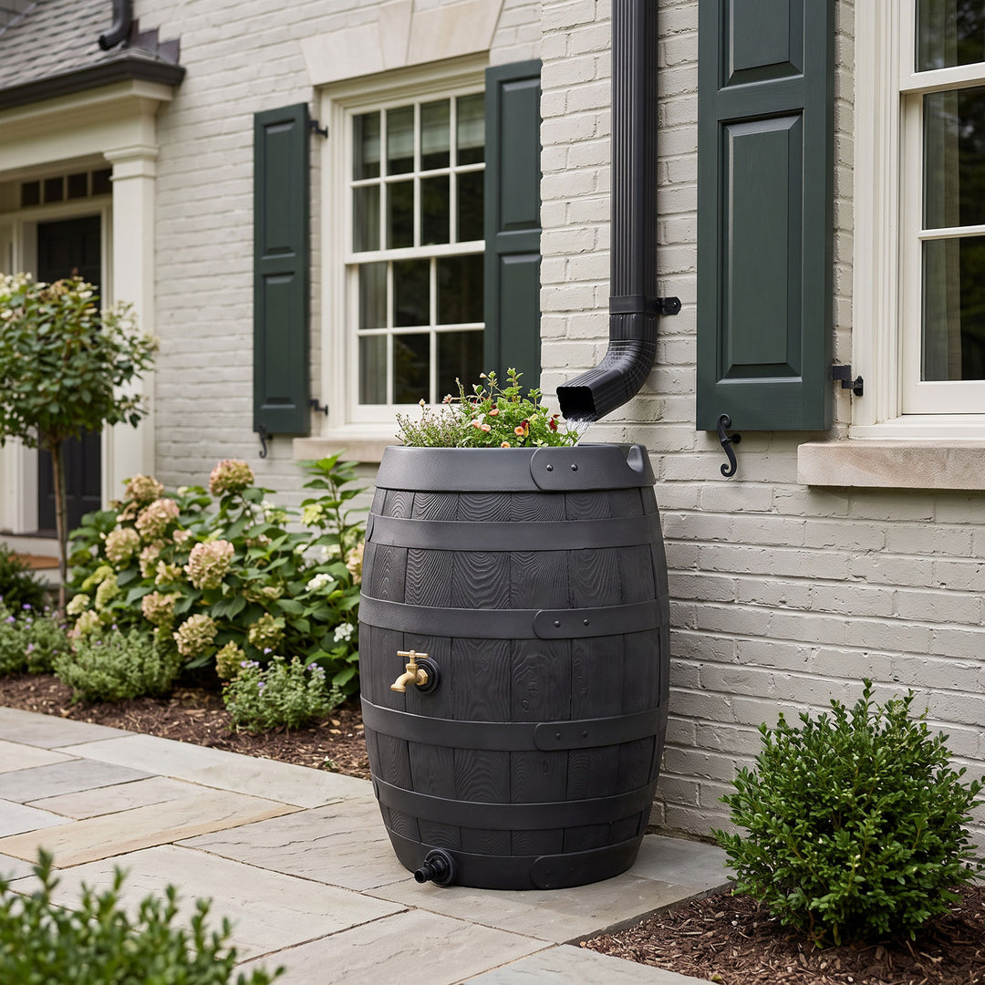 Heritage 50 Gallon Rain Barrel with Handcrafted Wood Detail & Planter Top