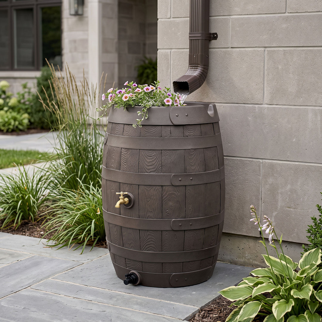Heritage 50 Gallon Rain Barrel with Handcrafted Wood Detail & Planter Top