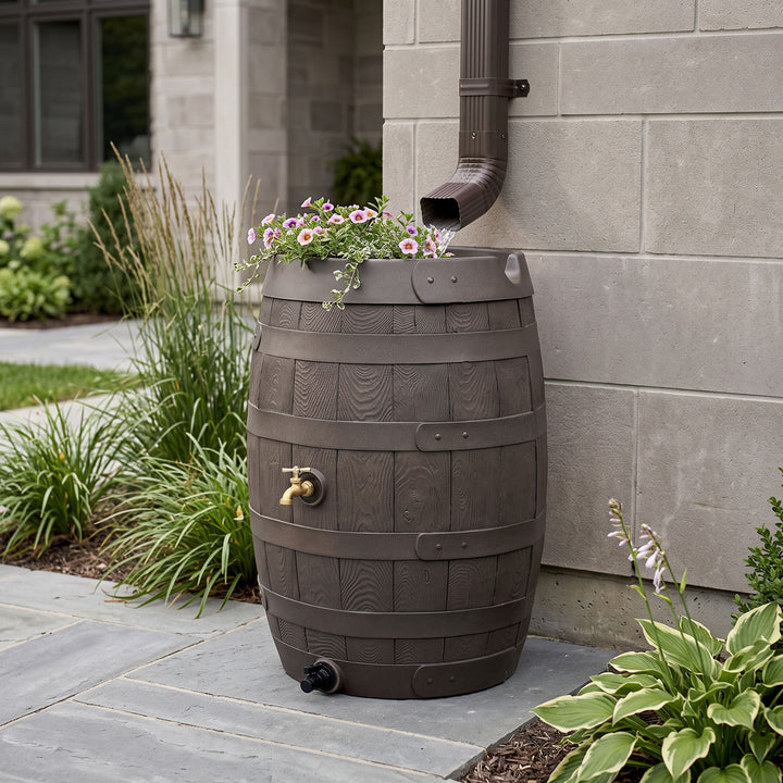 Heritage 50 Gallon Rain Barrel with Handcrafted Wood Detail & Planter Top