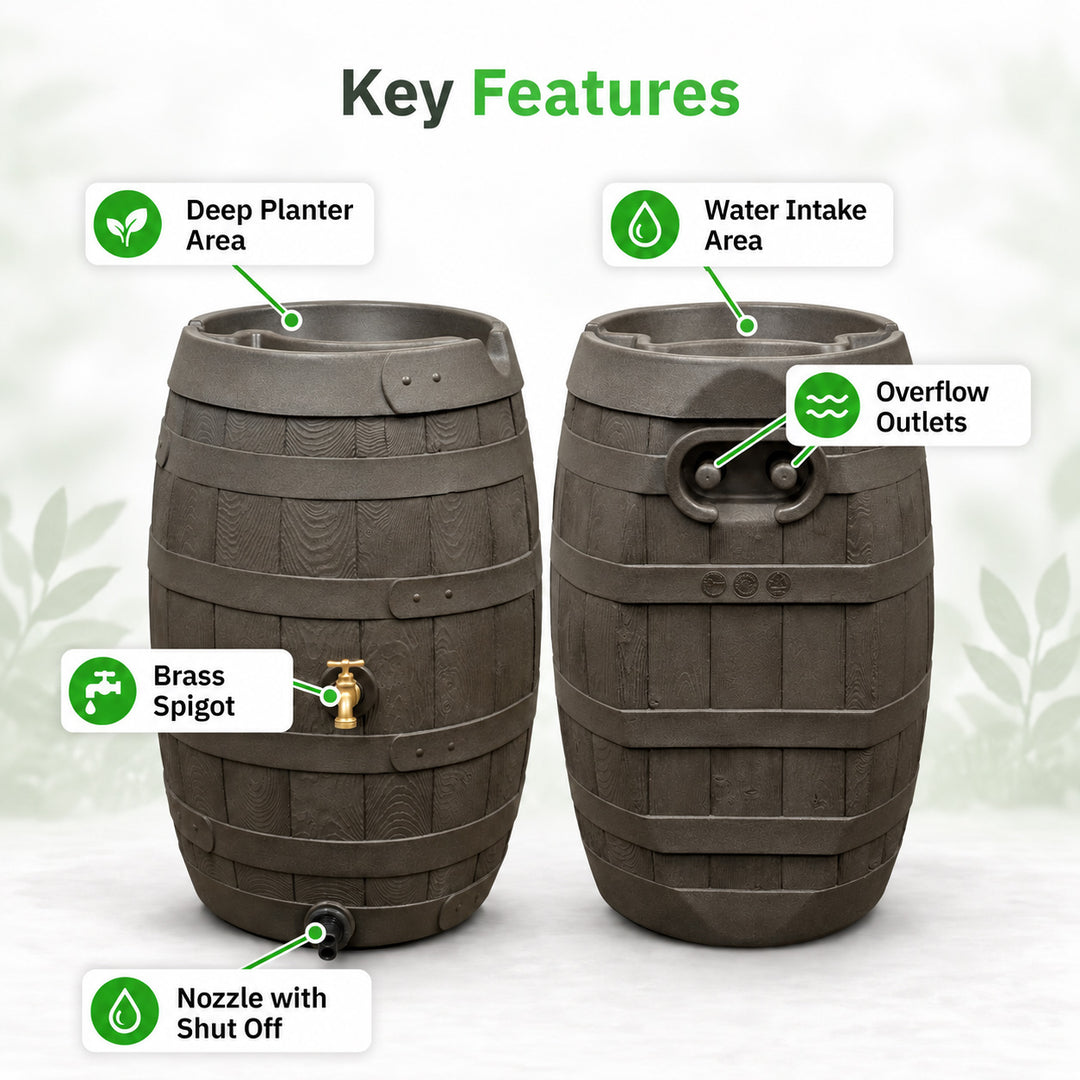 Heritage 50 Gallon Rain Barrel with Handcrafted Wood Detail & Planter Top