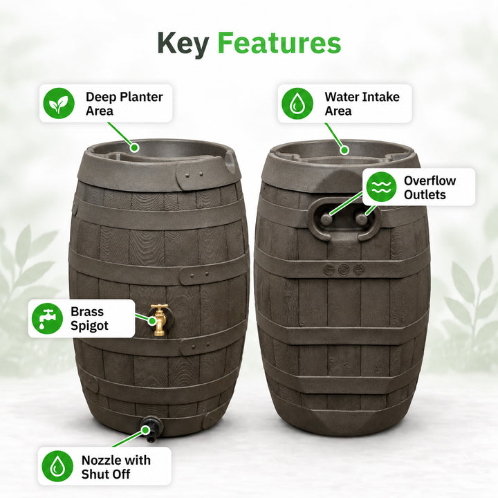 Heritage 50 Gallon Rain Barrel with Handcrafted Wood Detail & Planter Top