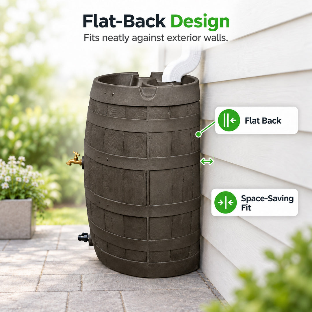 Heritage 50 Gallon Rain Barrel with Handcrafted Wood Detail & Planter Top