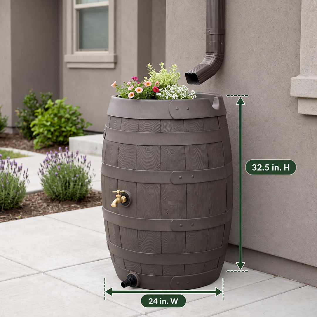 Heritage 50 Gallon Rain Barrel with Handcrafted Wood Detail & Planter Top