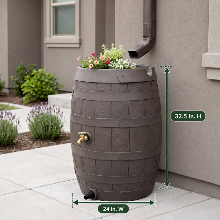 Heritage 50 Gallon Rain Barrel with Handcrafted Wood Detail & Planter Top