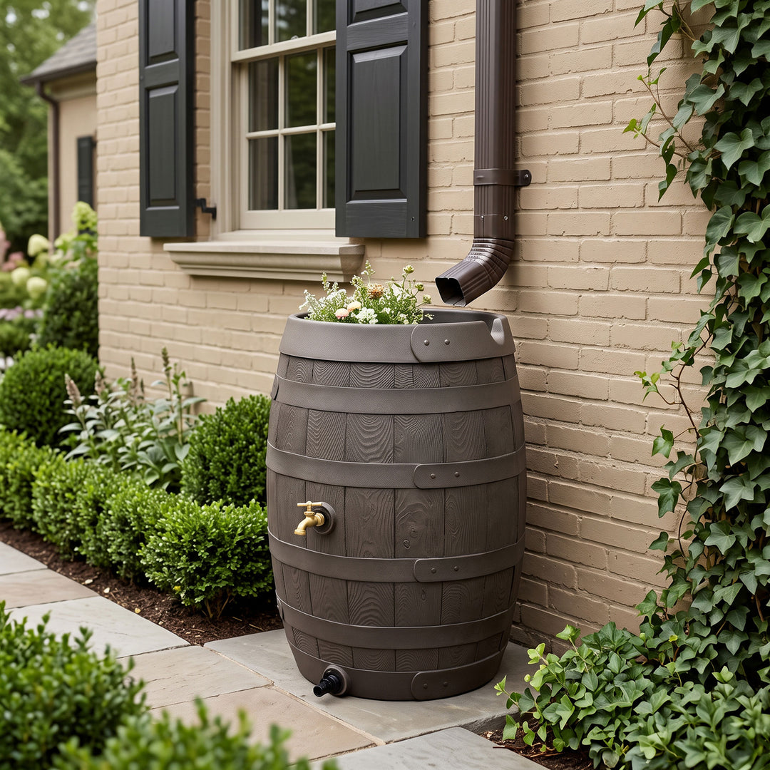 Heritage 50 Gallon Rain Barrel with Handcrafted Wood Detail & Planter Top