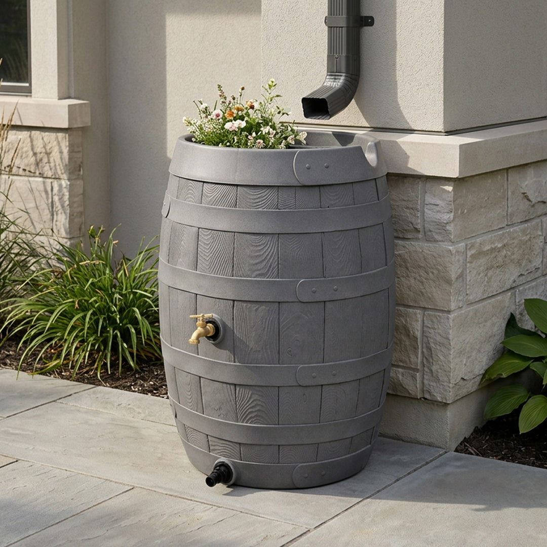 Heritage 50 Gallon Rain Barrel with Handcrafted Wood Detail & Planter Top