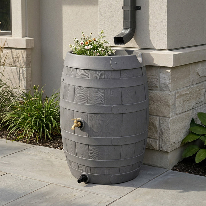 Heritage 50 Gallon Rain Barrel with Handcrafted Wood Detail & Planter Top