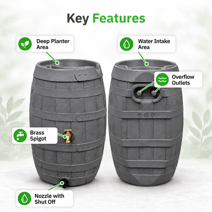 Heritage 50 Gallon Rain Barrel with Handcrafted Wood Detail & Planter Top
