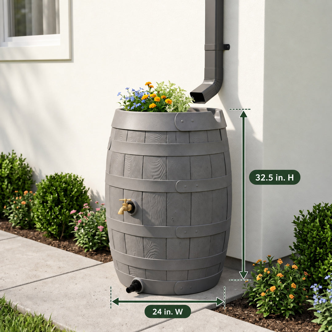 Heritage 50 Gallon Rain Barrel with Handcrafted Wood Detail & Planter Top