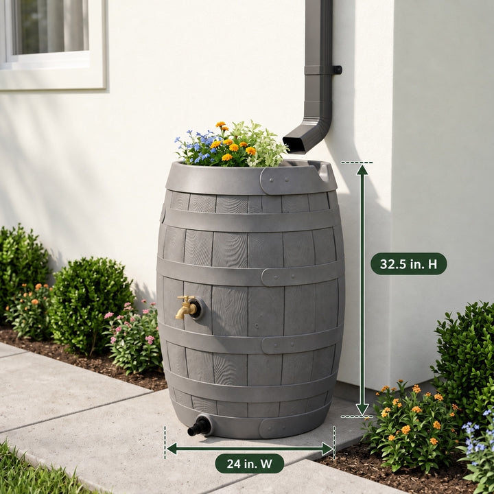 Heritage 50 Gallon Rain Barrel with Handcrafted Wood Detail & Planter Top