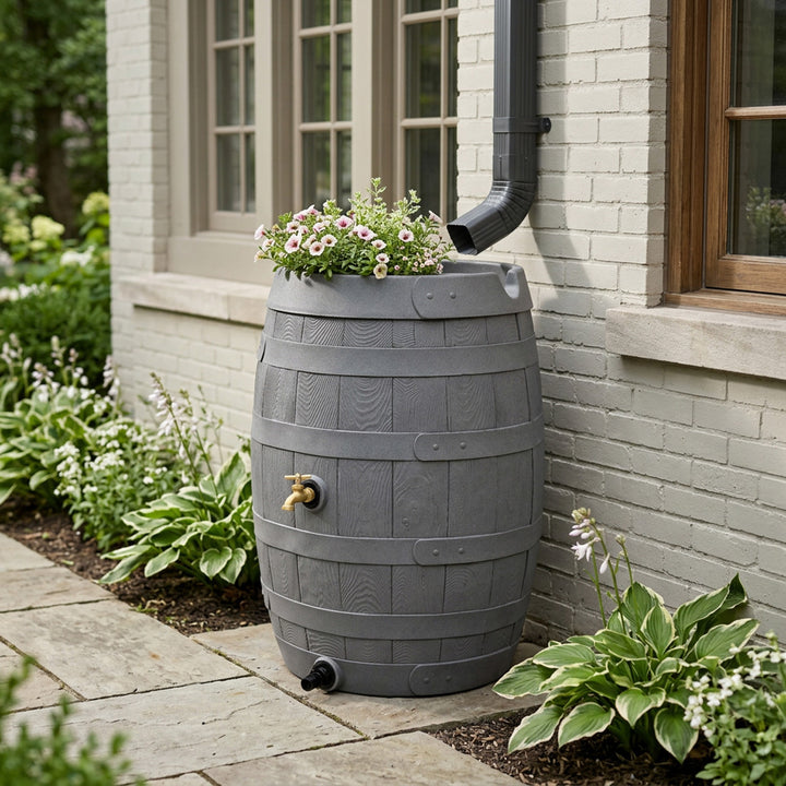 Heritage 50 Gallon Rain Barrel with Handcrafted Wood Detail & Planter Top
