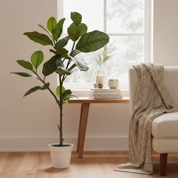 38 inch faux Alpine Ficus tree in white decorative planter with lifelike leaves