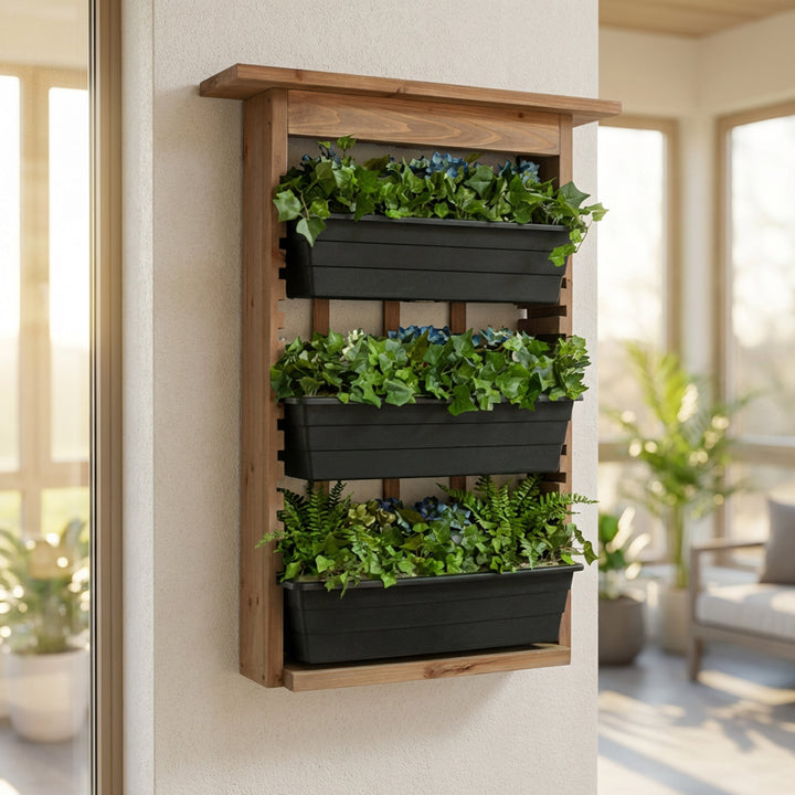 Wall Mounted Vertical Planter with Trellis – 3 Tier Wood Frame Garden Planter with Drainage Pots for Indoor & Outdoor Use