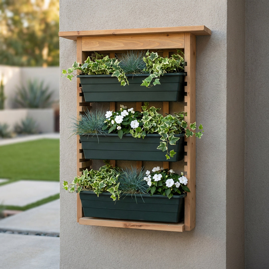 Wall Mounted Vertical Planter with Trellis – 3 Tier Wood Frame Garden Planter with Drainage Pots for Indoor & Outdoor Use