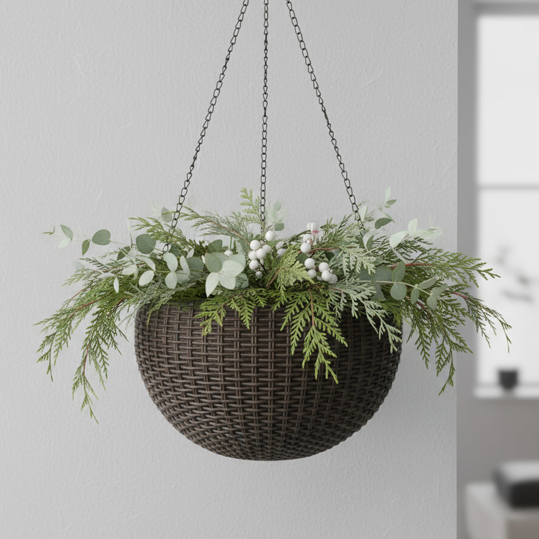 Wicker Hanging Basket Planter with Watering Tray, 2-Pack