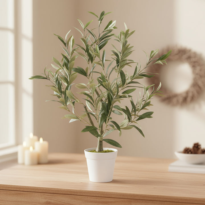 26 inch faux olive tree in white decorative planter with lifelike leaves