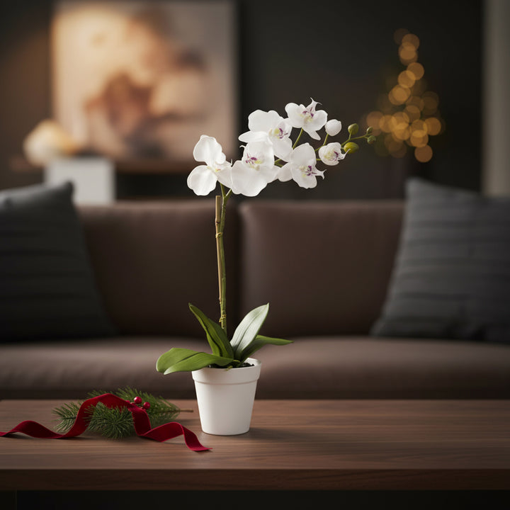 20 inch faux white orchid in white decorative planter with lifelike petals and leaves